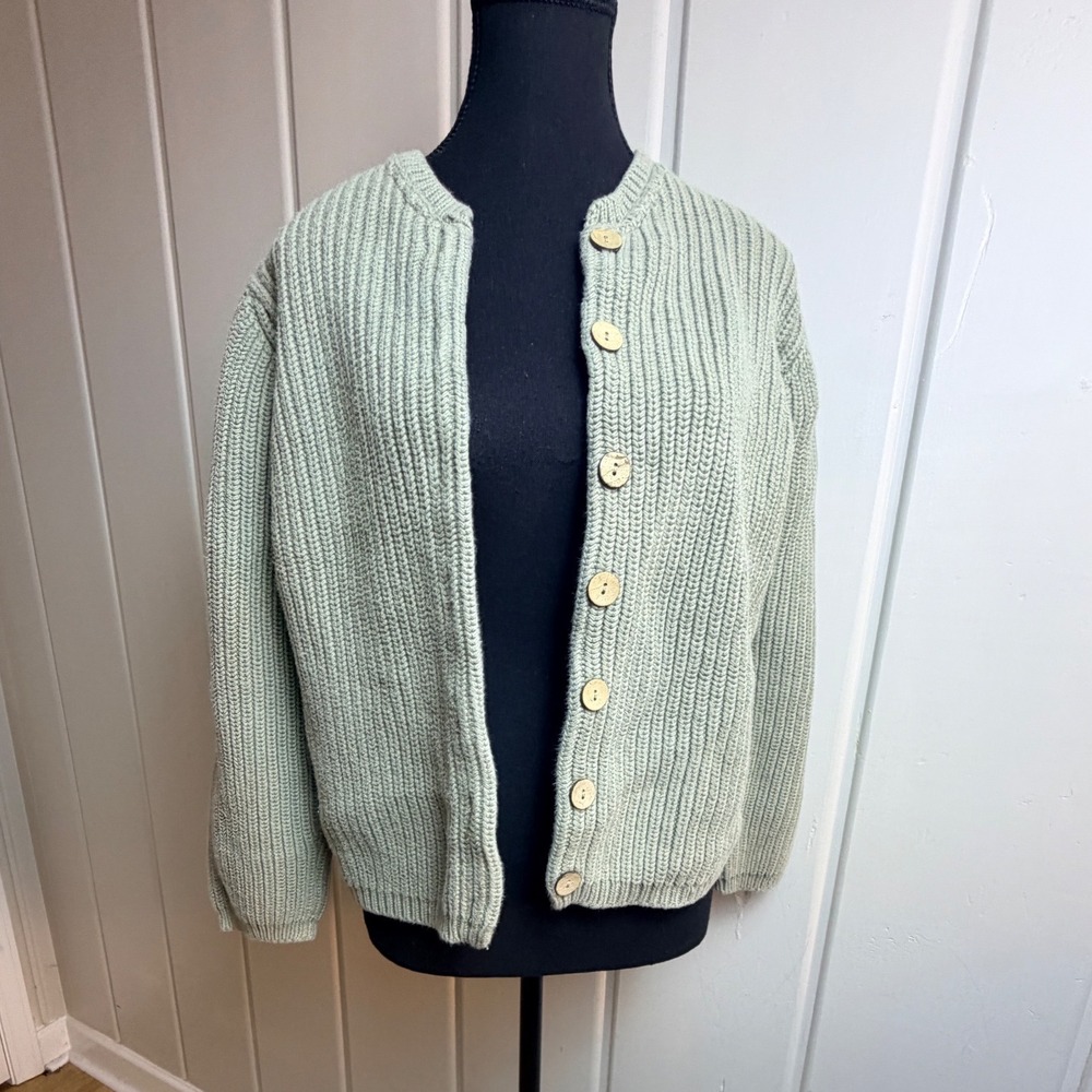 Orvis Sage Green 100% Cotton Ribbed Knit Button Front Cardigan Sweater M